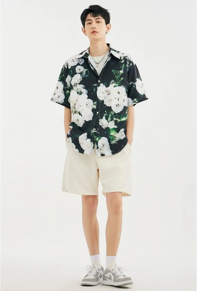 Floral Contrast Print Short Sleeve Button-Up Shirt