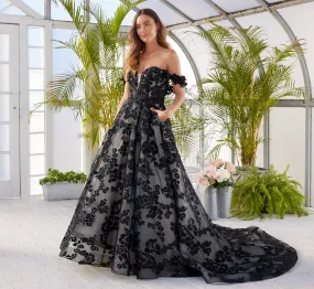 Floral Hand-Beaded Strapless A-Line Gown In Black Oyster Nude