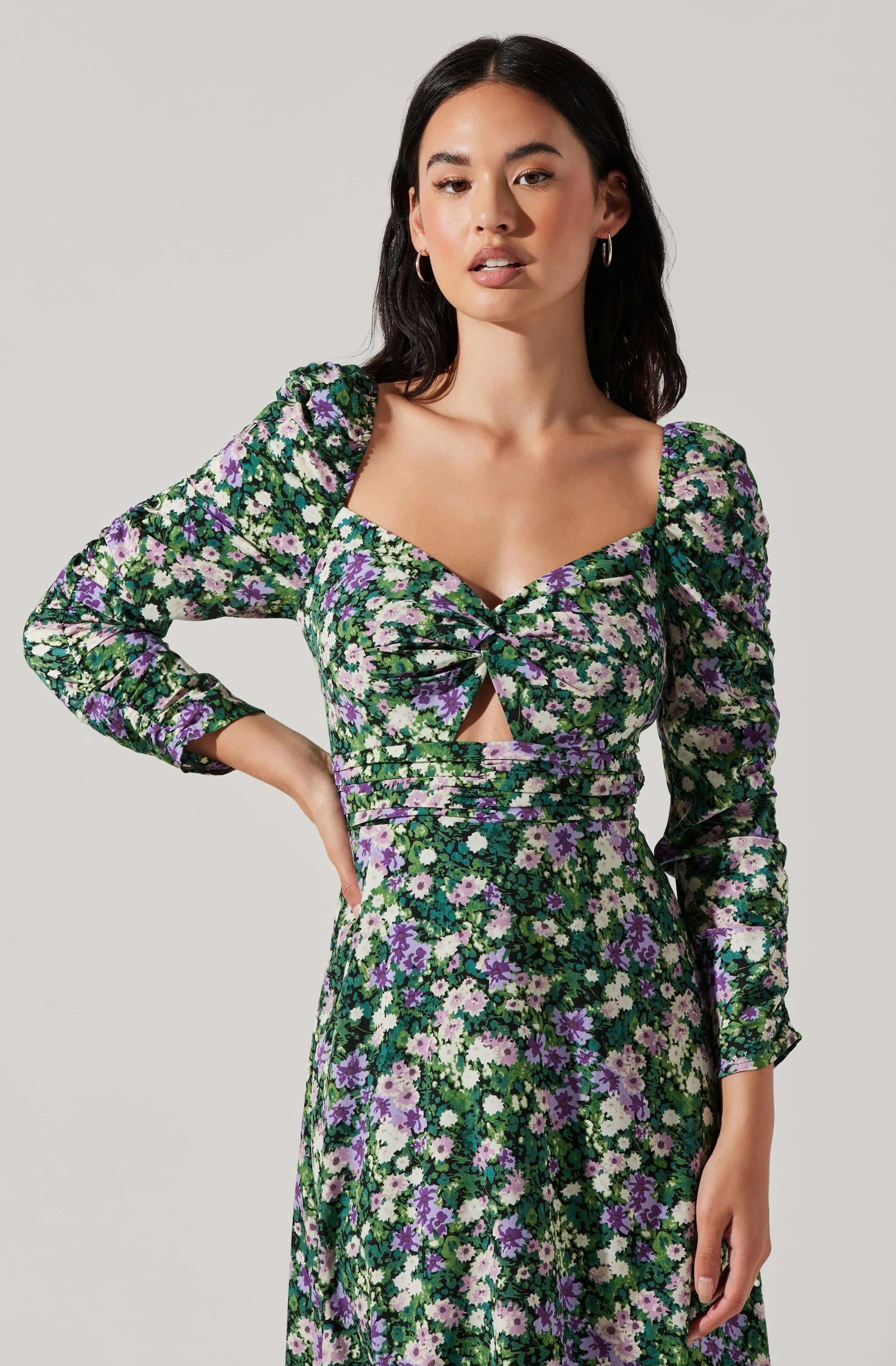 Floral Long Sleeve Twist Keyhole Front Midi Dress