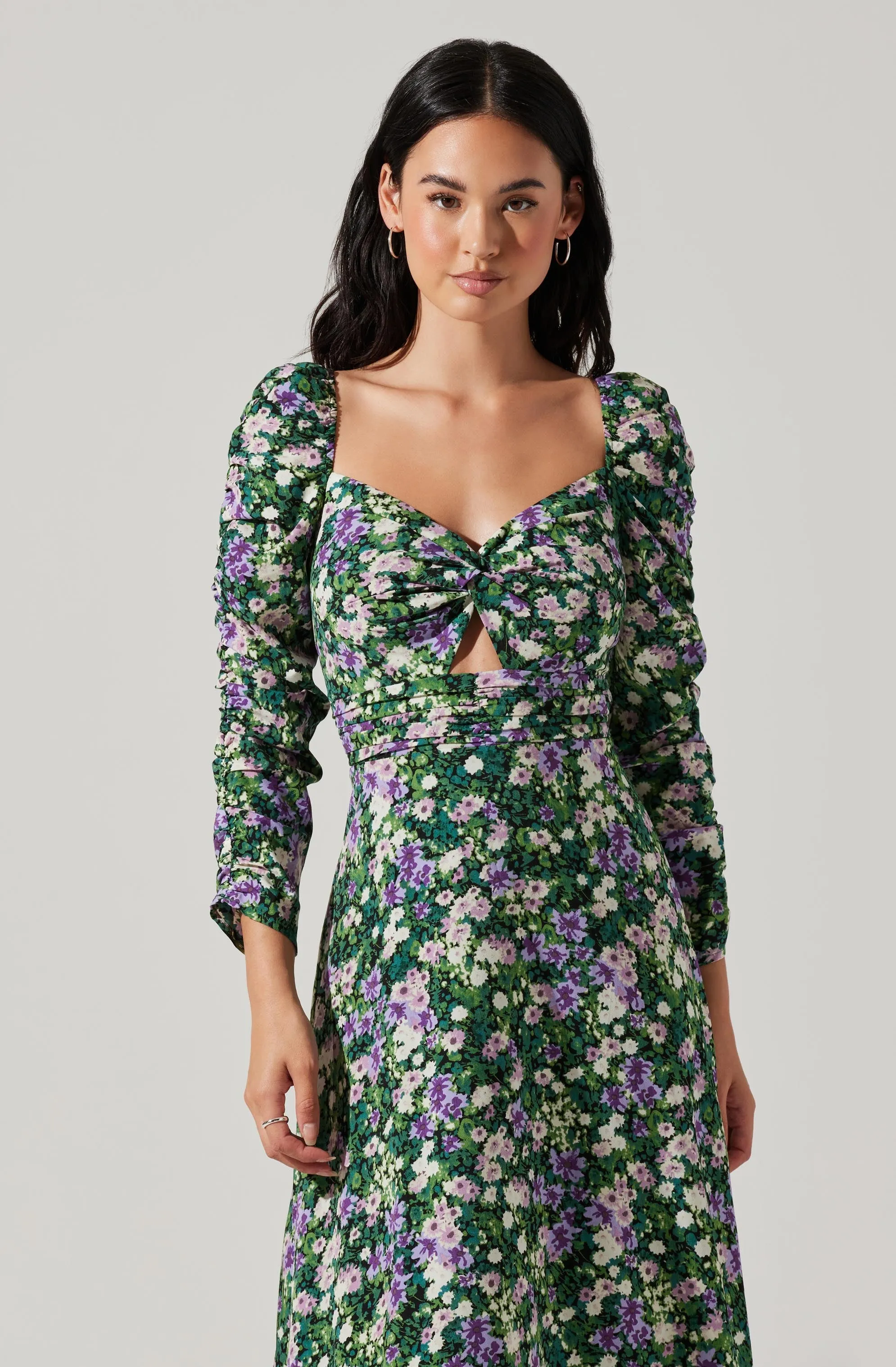 Floral Long Sleeve Twist Keyhole Front Midi Dress