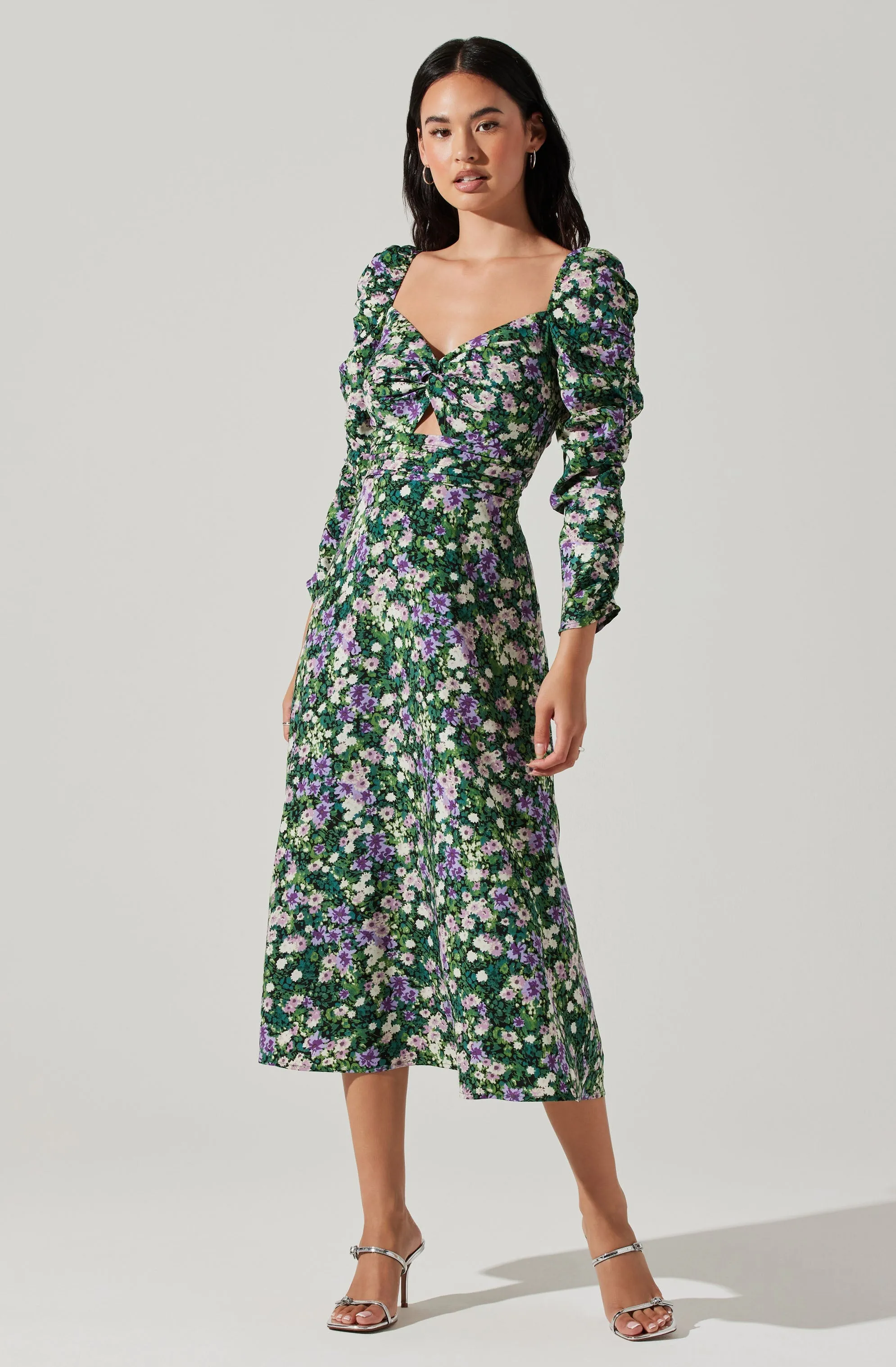 Floral Long Sleeve Twist Keyhole Front Midi Dress