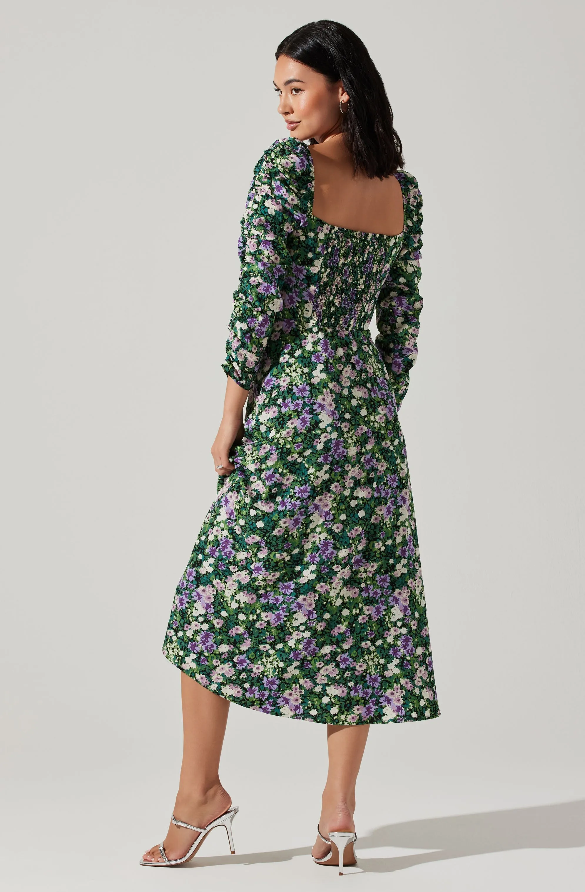 Floral Long Sleeve Twist Keyhole Front Midi Dress