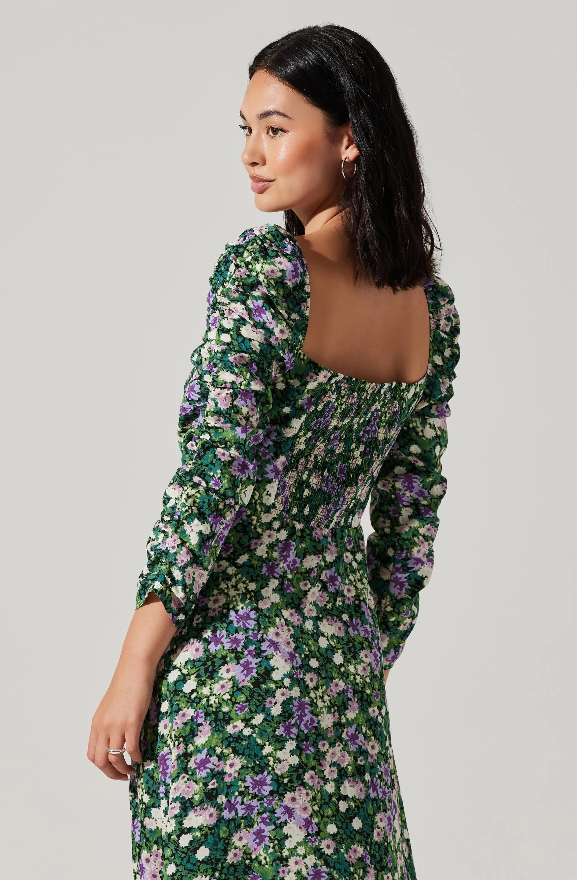 Floral Long Sleeve Twist Keyhole Front Midi Dress