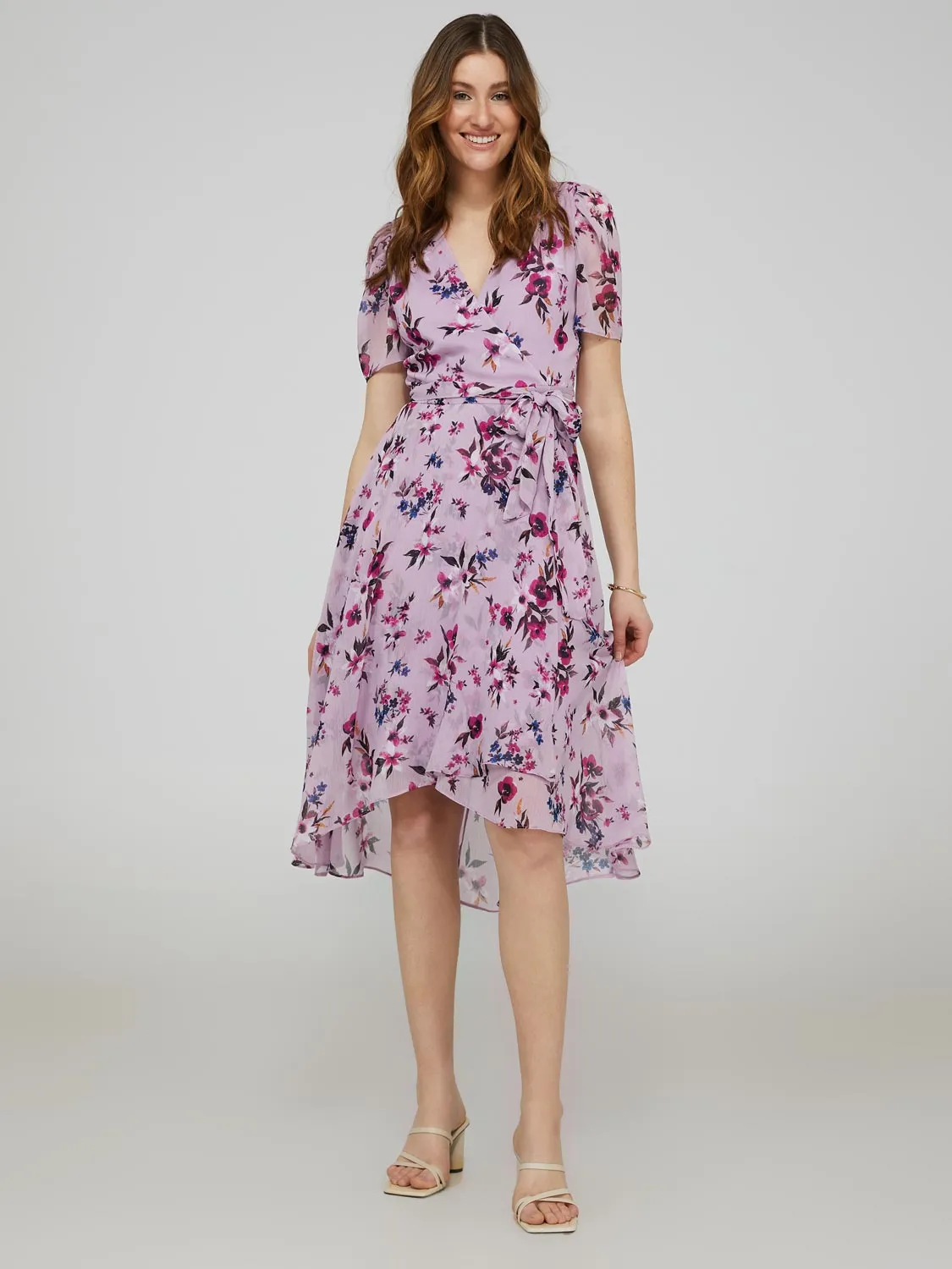 Floral Print Cross-Front High-Low Midi Dress