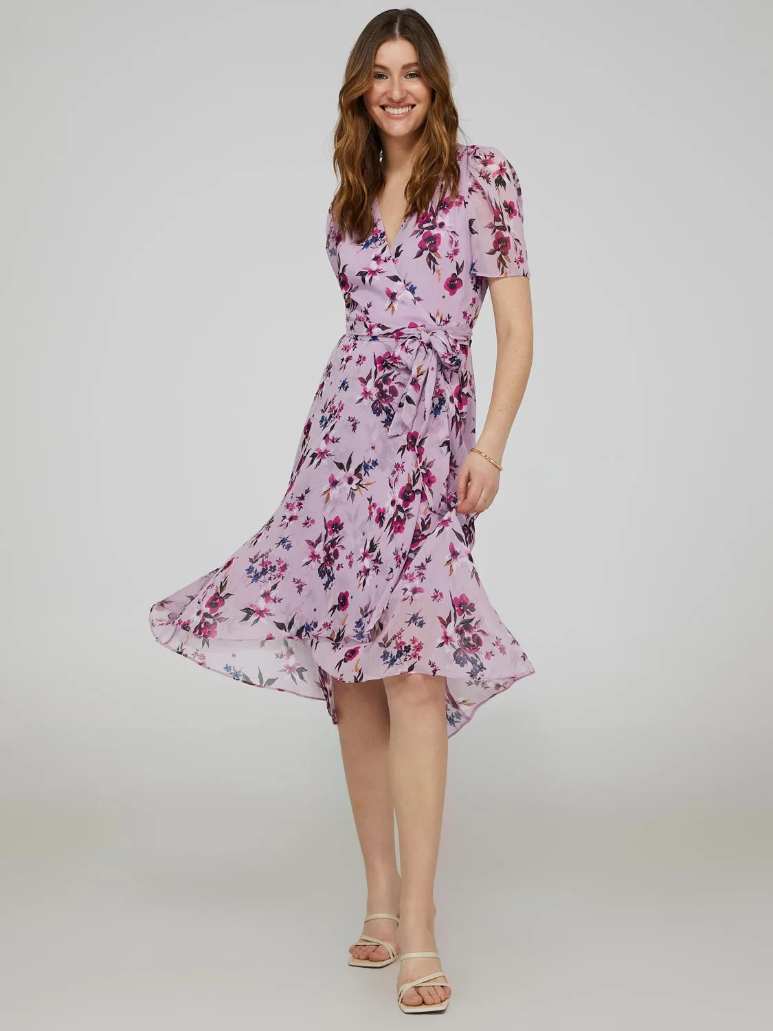 Floral Print Cross-Front High-Low Midi Dress