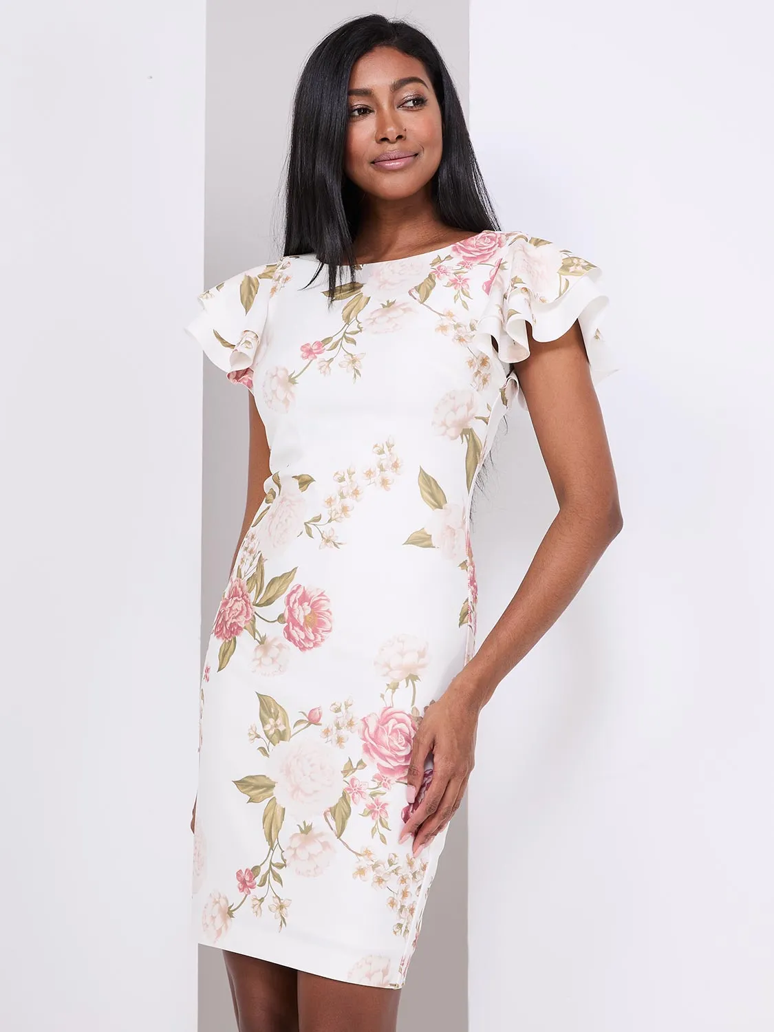 Floral Print Flutter Sleeve Scuba Dress