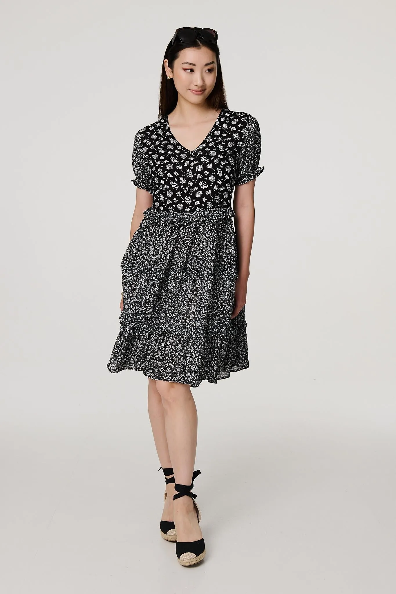 Floral Short Sleeve Tiered Skater Dress