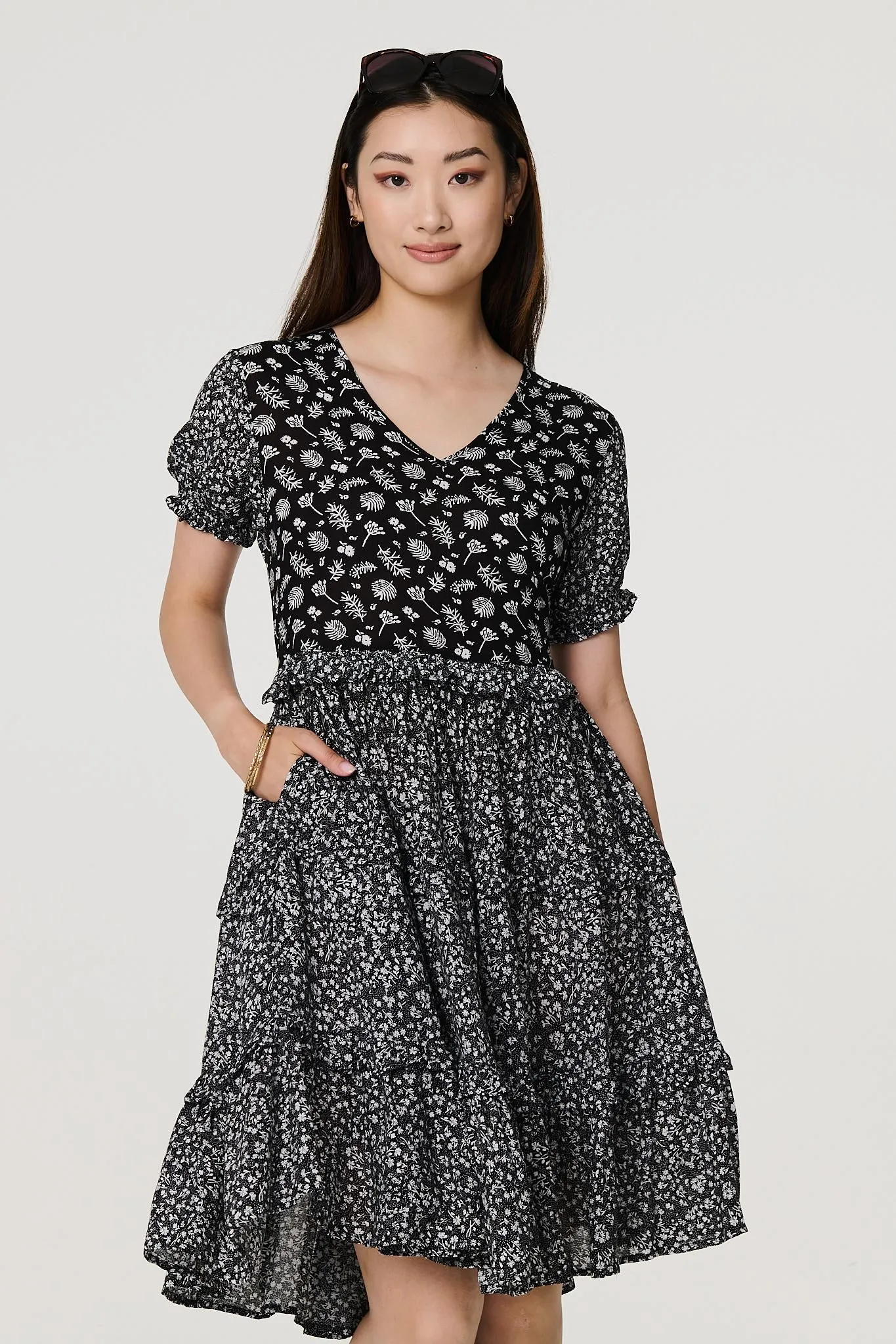 Floral Short Sleeve Tiered Skater Dress