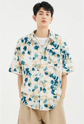 Floral Stamp Print Short Sleeve Button-Up Shirt