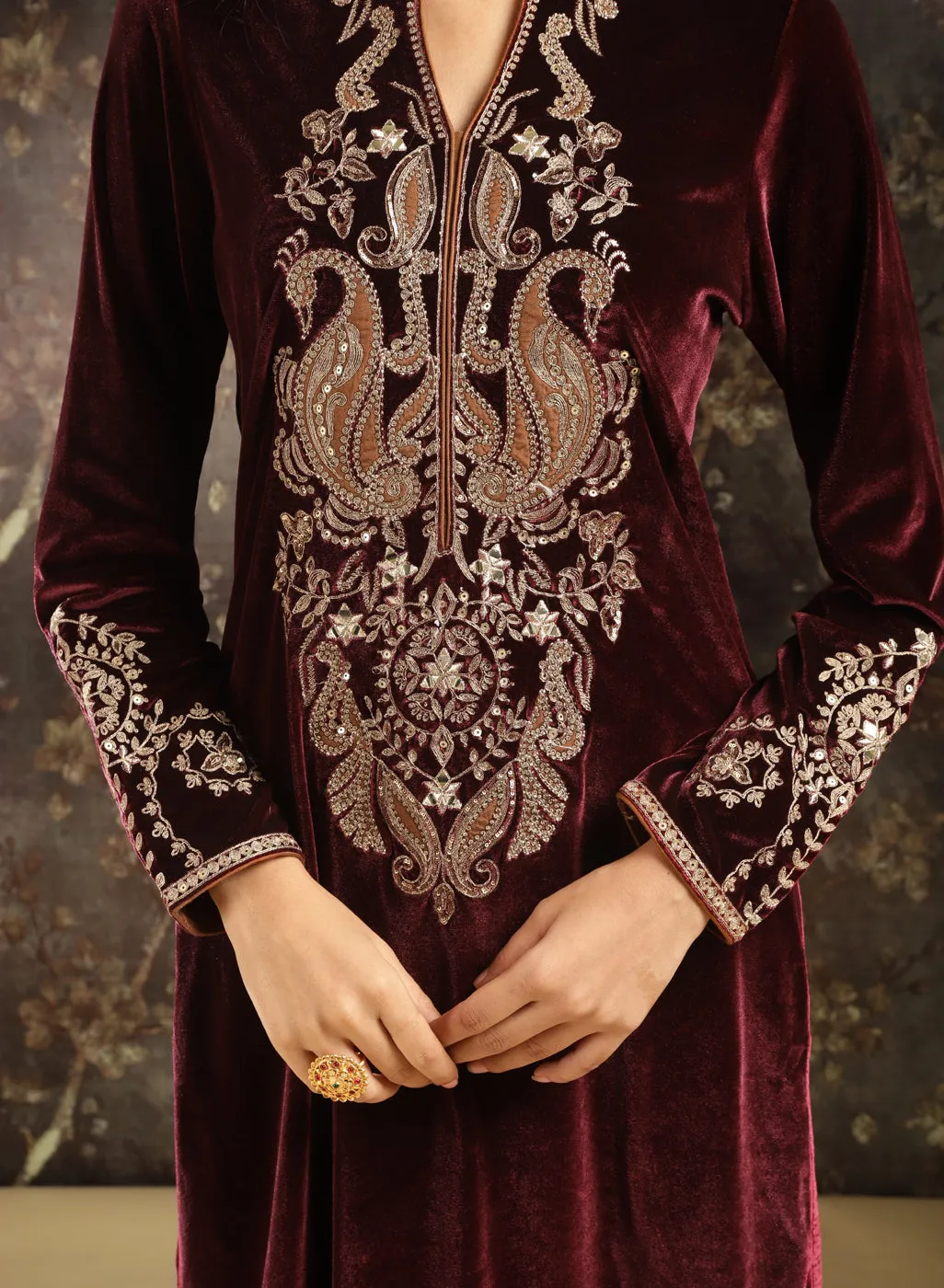 Fuchsia Embroidered Party-wear Velvet Kurta Set