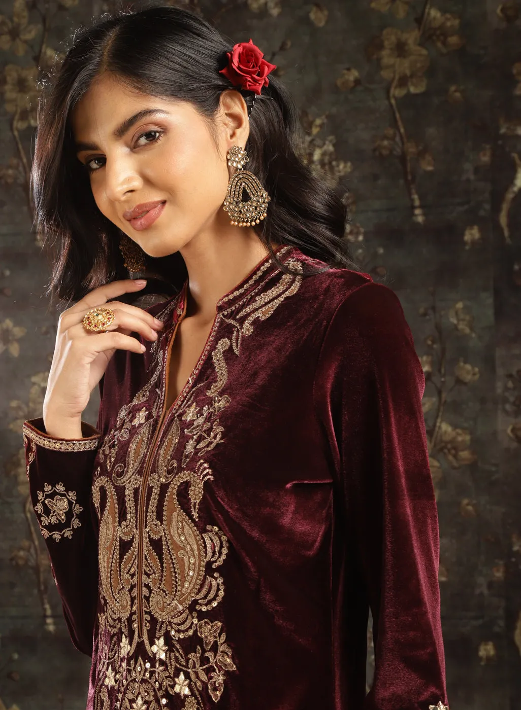 Fuchsia Embroidered Party-wear Velvet Kurta Set