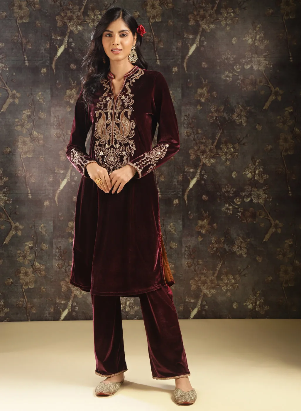 Fuchsia Embroidered Party-wear Velvet Kurta Set