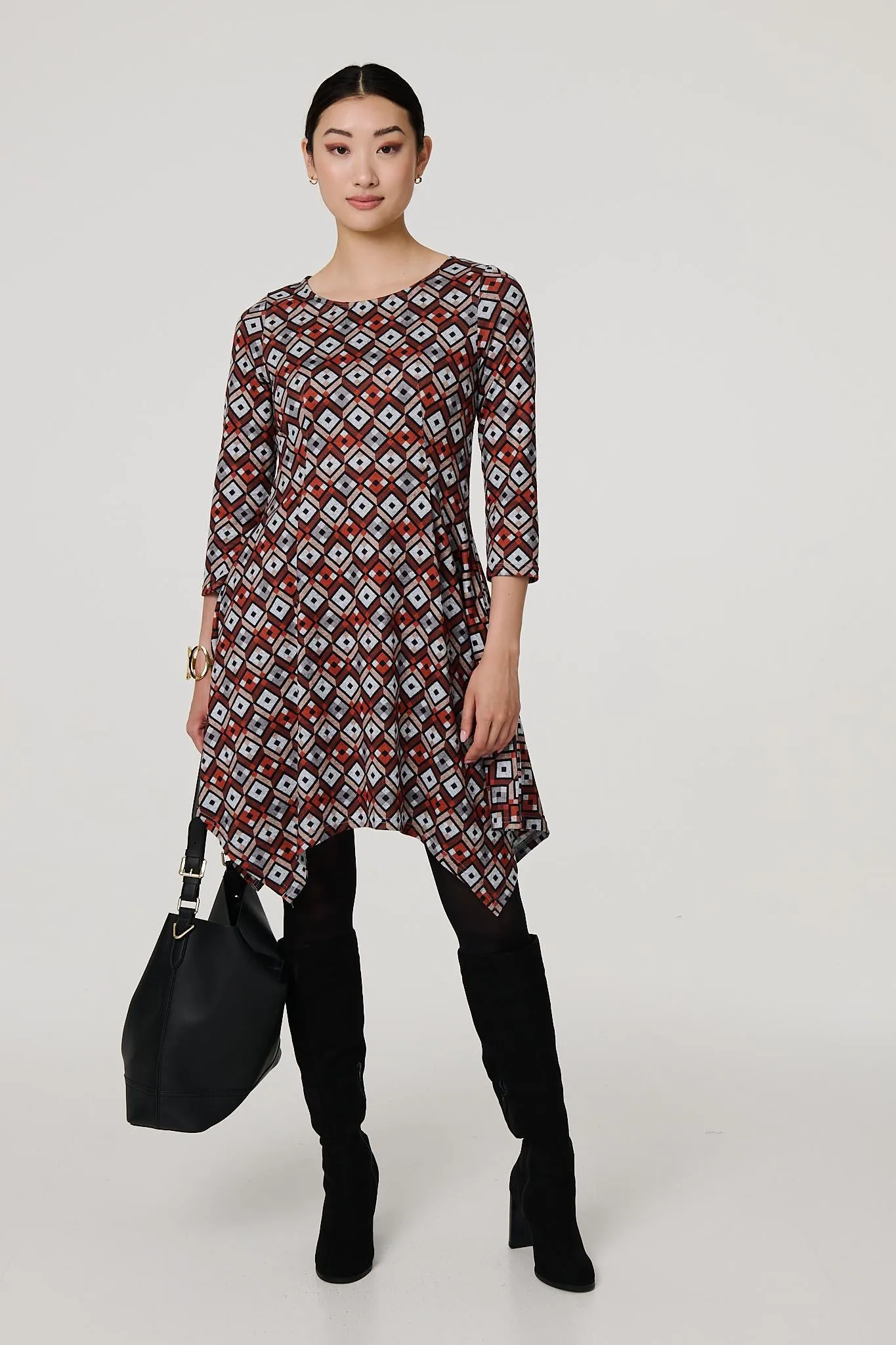 Geo Print Hanky Hem 3/4 Sleeve Midi Dress