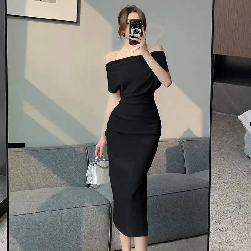 Getadme French Temperament Celebrity Wind Sexy Strapless Oblique Collar Dress Female Spring and Summer Slim Open Package Hip Long Dress