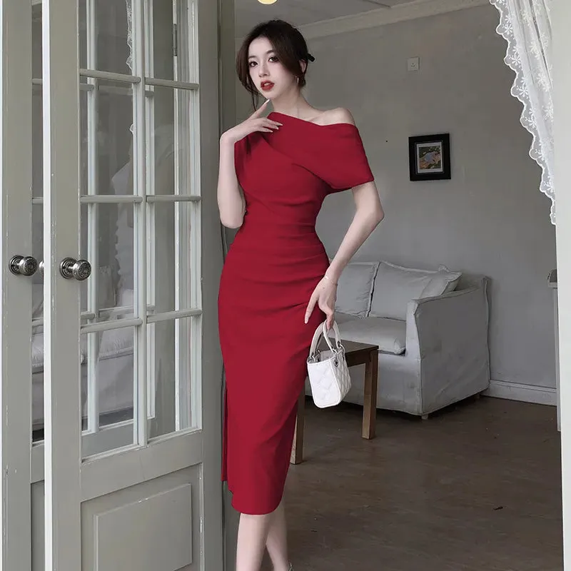 Getadme French Temperament Celebrity Wind Sexy Strapless Oblique Collar Dress Female Spring and Summer Slim Open Package Hip Long Dress