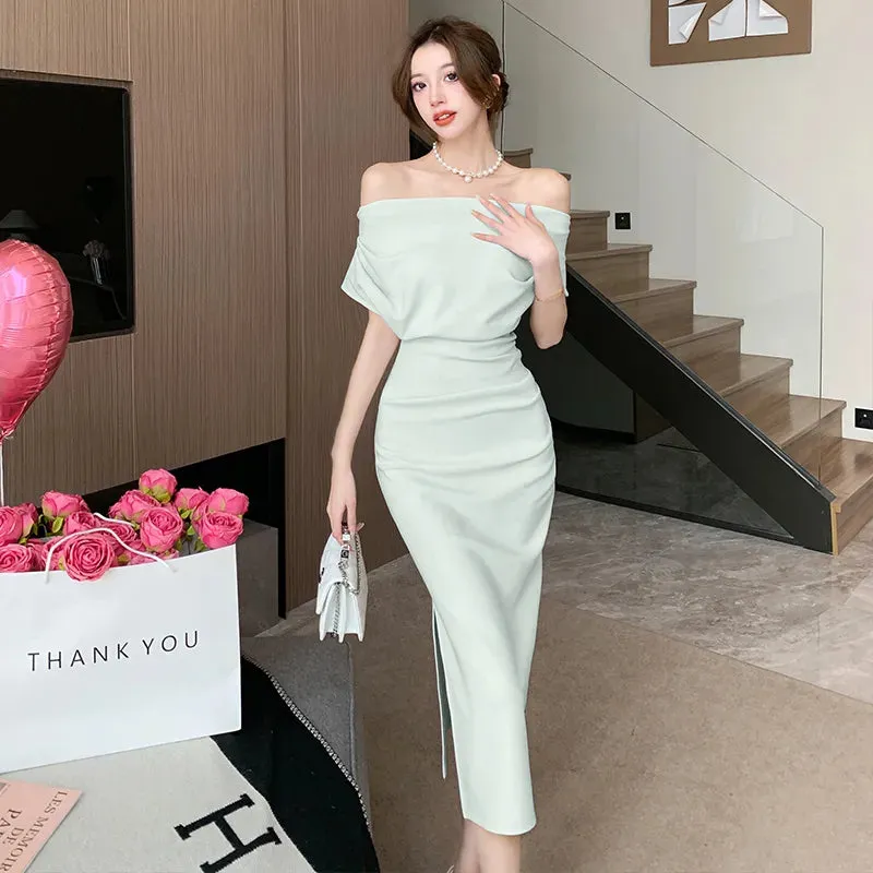 Getadme French Temperament Celebrity Wind Sexy Strapless Oblique Collar Dress Female Spring and Summer Slim Open Package Hip Long Dress