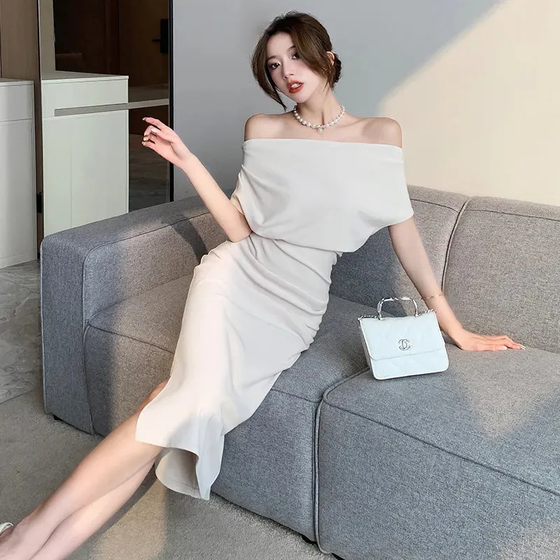 Getadme French Temperament Celebrity Wind Sexy Strapless Oblique Collar Dress Female Spring and Summer Slim Open Package Hip Long Dress