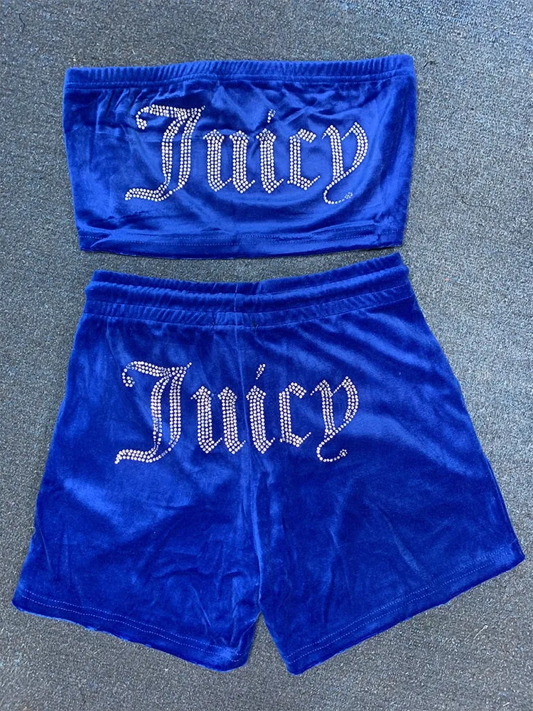 Getadme Juicy Apple Velvet 2 Piece Set Women Outfits Sexy Fashion Tube Crop Top Drawstring Shorts Set Loose Summer Clothes Y2k Tracksuit