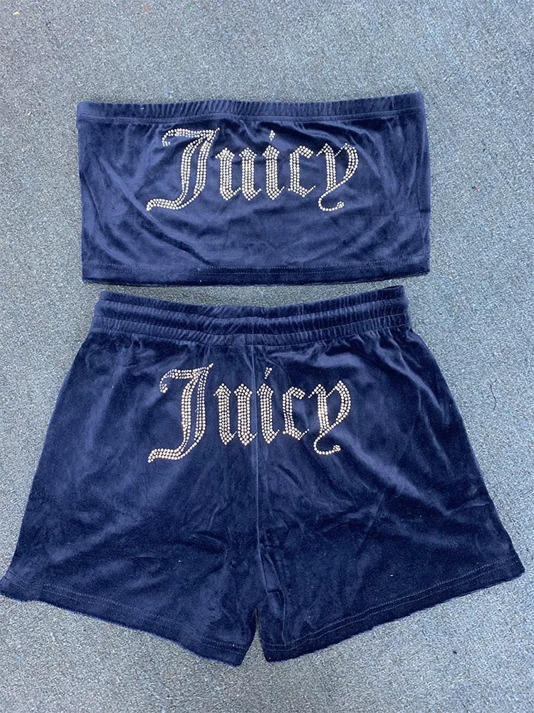 Getadme Juicy Apple Velvet 2 Piece Set Women Outfits Sexy Fashion Tube Crop Top Drawstring Shorts Set Loose Summer Clothes Y2k Tracksuit