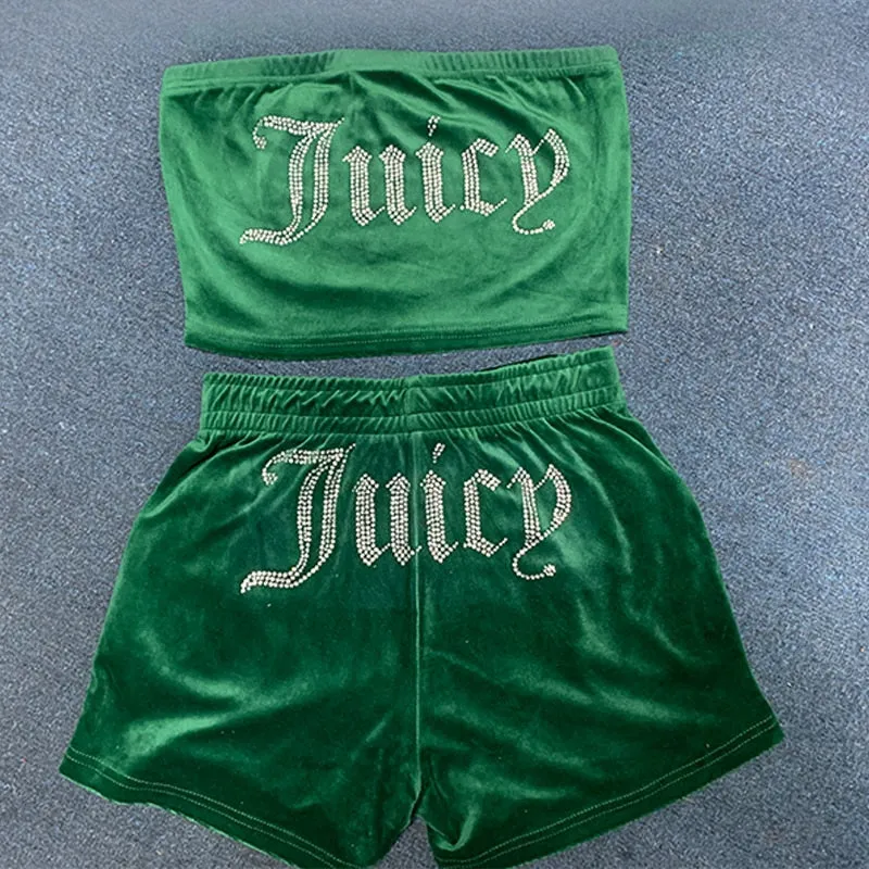 Getadme Juicy Apple Velvet 2 Piece Set Women Outfits Sexy Fashion Tube Crop Top Drawstring Shorts Set Loose Summer Clothes Y2k Tracksuit