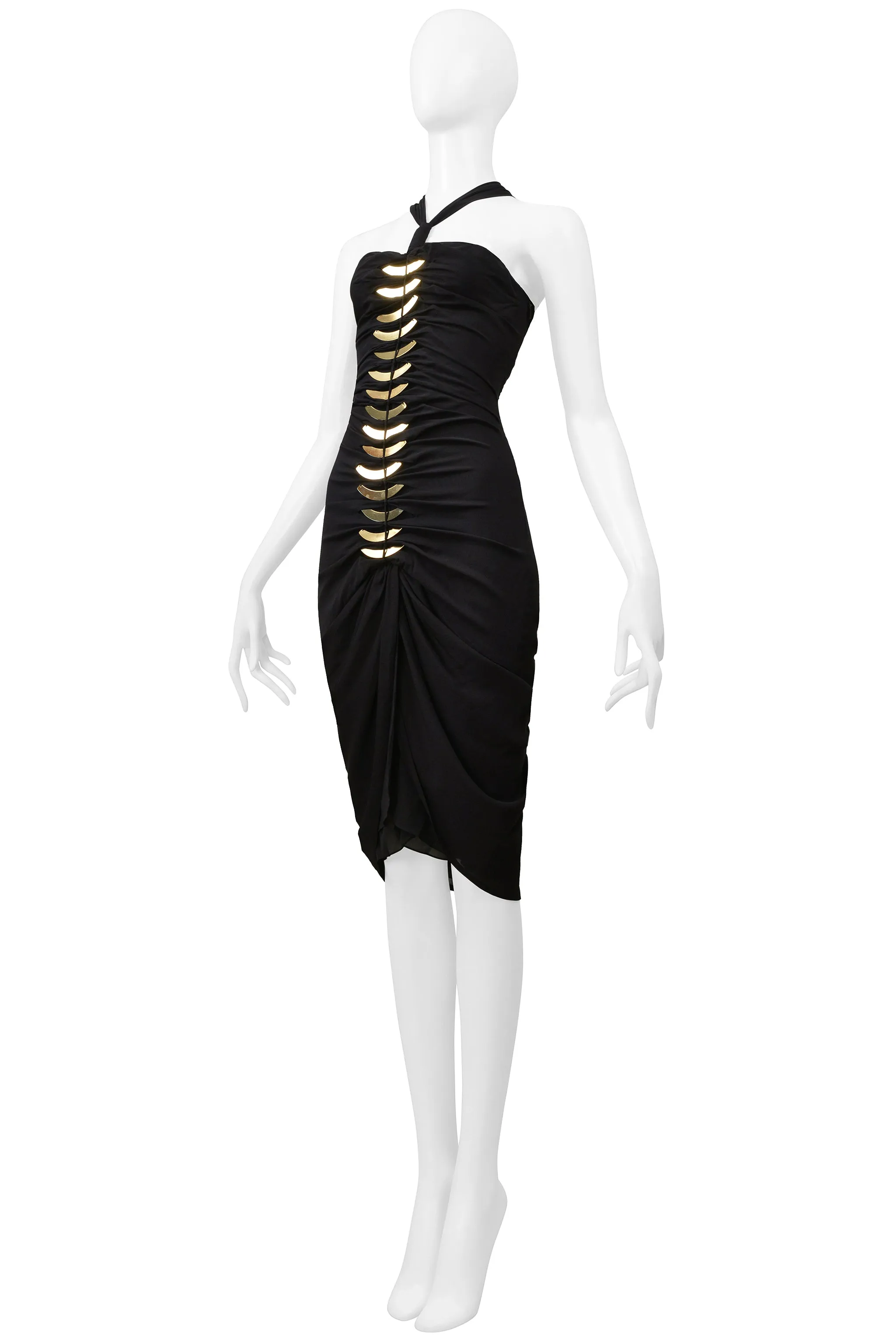 GUCCI BY TOM FORD BLACK CUTOUT DRESS WITH GOLD FAN HARDWARE 2004