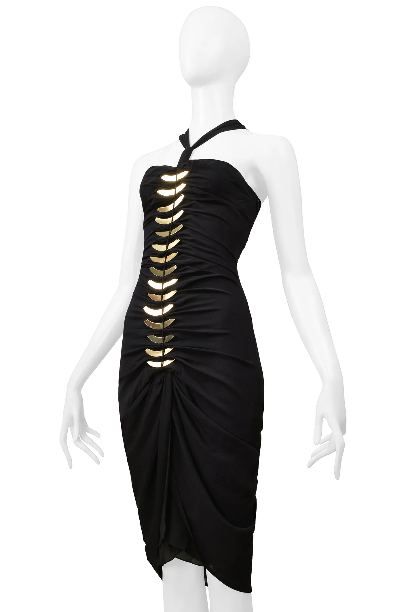 GUCCI BY TOM FORD BLACK CUTOUT DRESS WITH GOLD FAN HARDWARE 2004