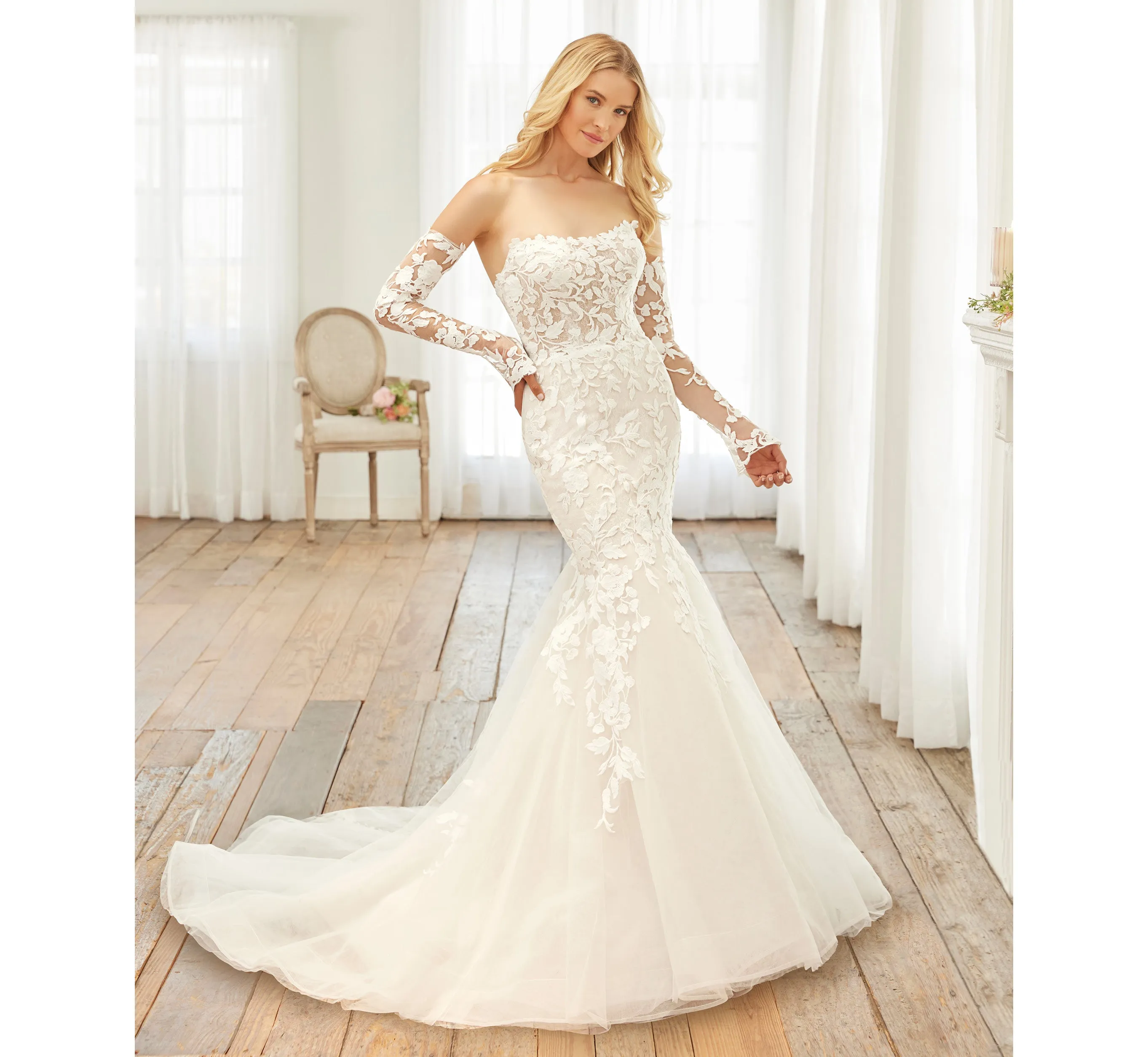 Lace And Tulle Strapless Mermaid Gown With Detachable Sleeves In Ivory Almond Nude