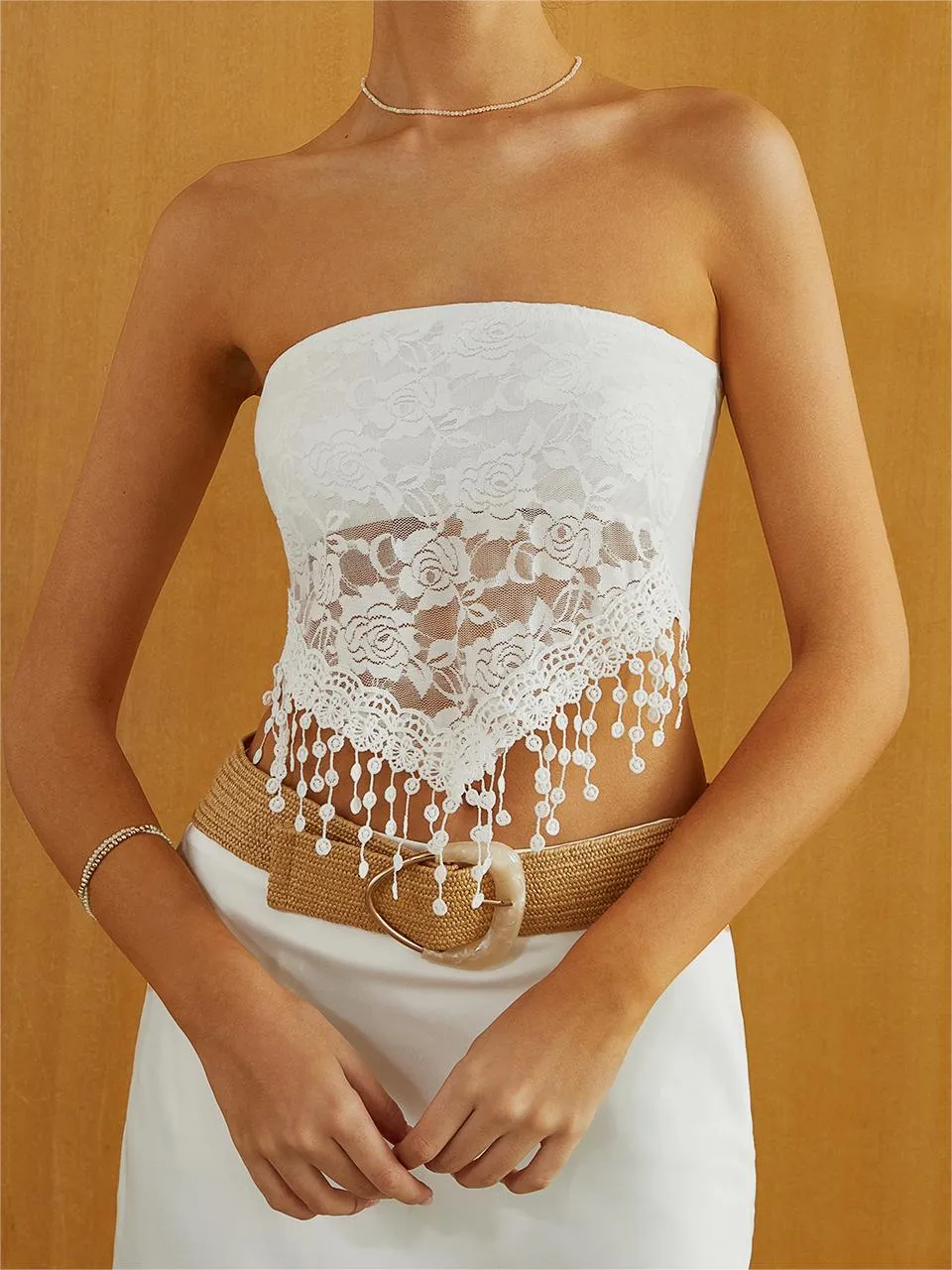 Lace Insert Tassel Hem Tube Top