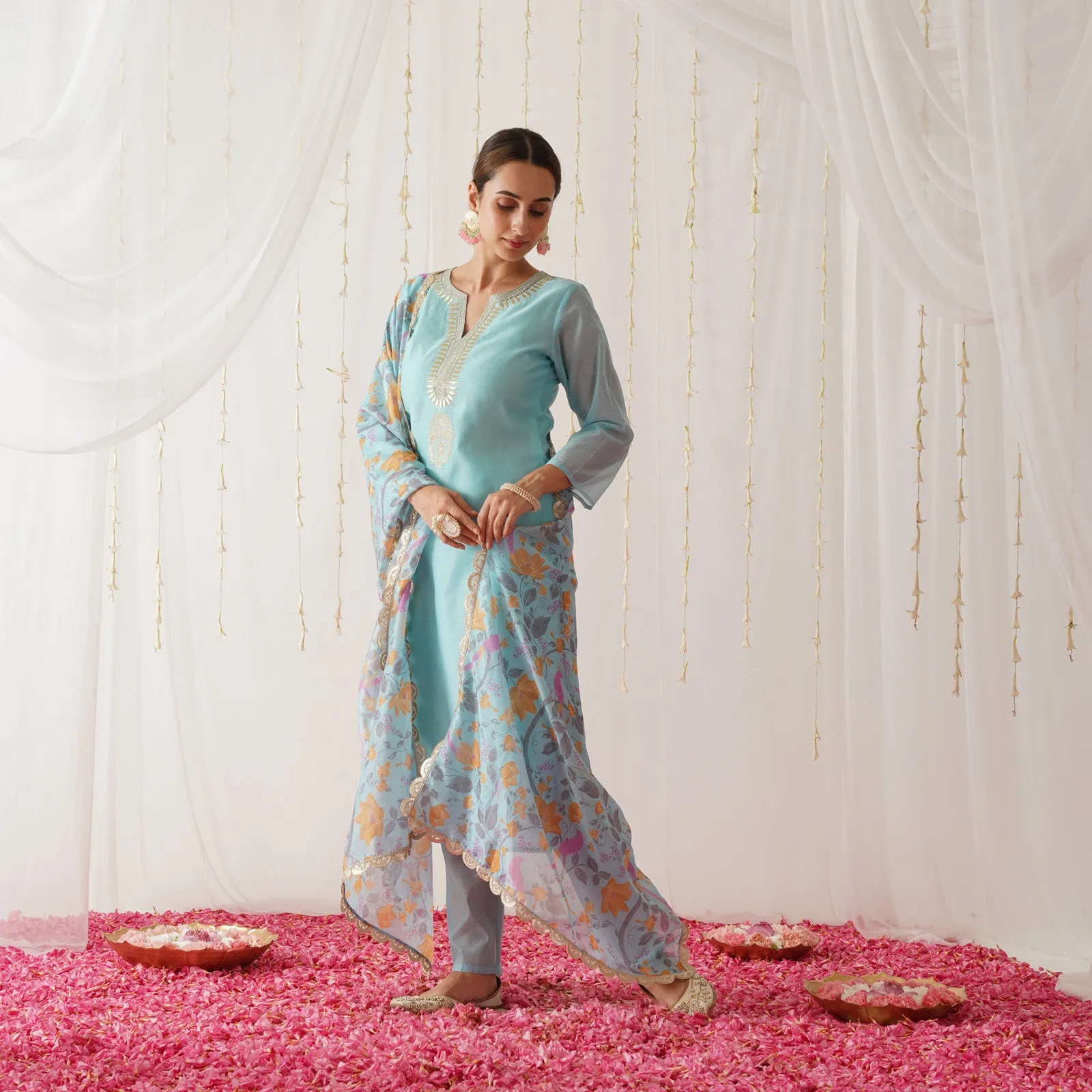 Light Blue Embroidered Chanderi Kurta Set with Dupatta