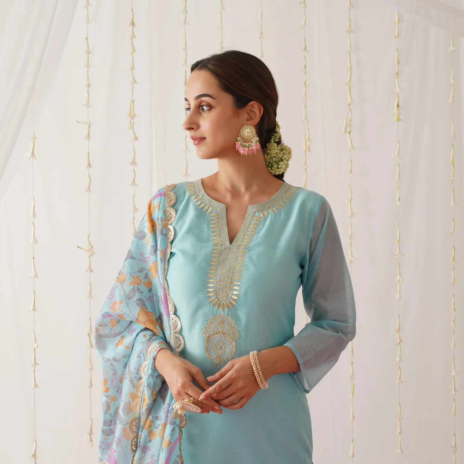 Light Blue Embroidered Chanderi Kurta Set with Dupatta