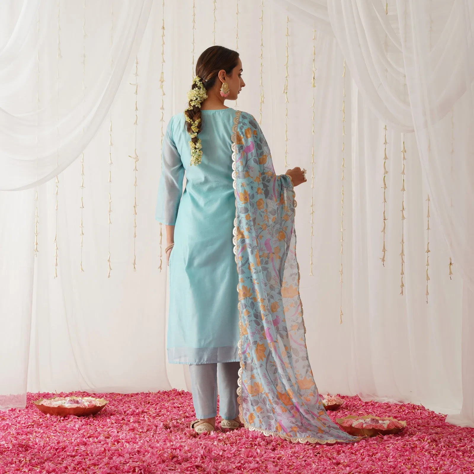 Light Blue Embroidered Chanderi Kurta Set with Dupatta