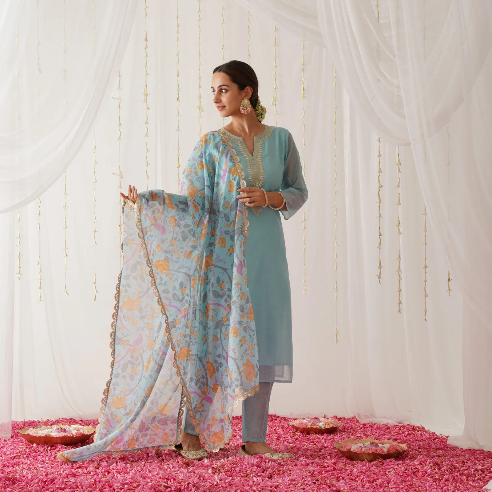 Light Blue Embroidered Chanderi Kurta Set with Dupatta