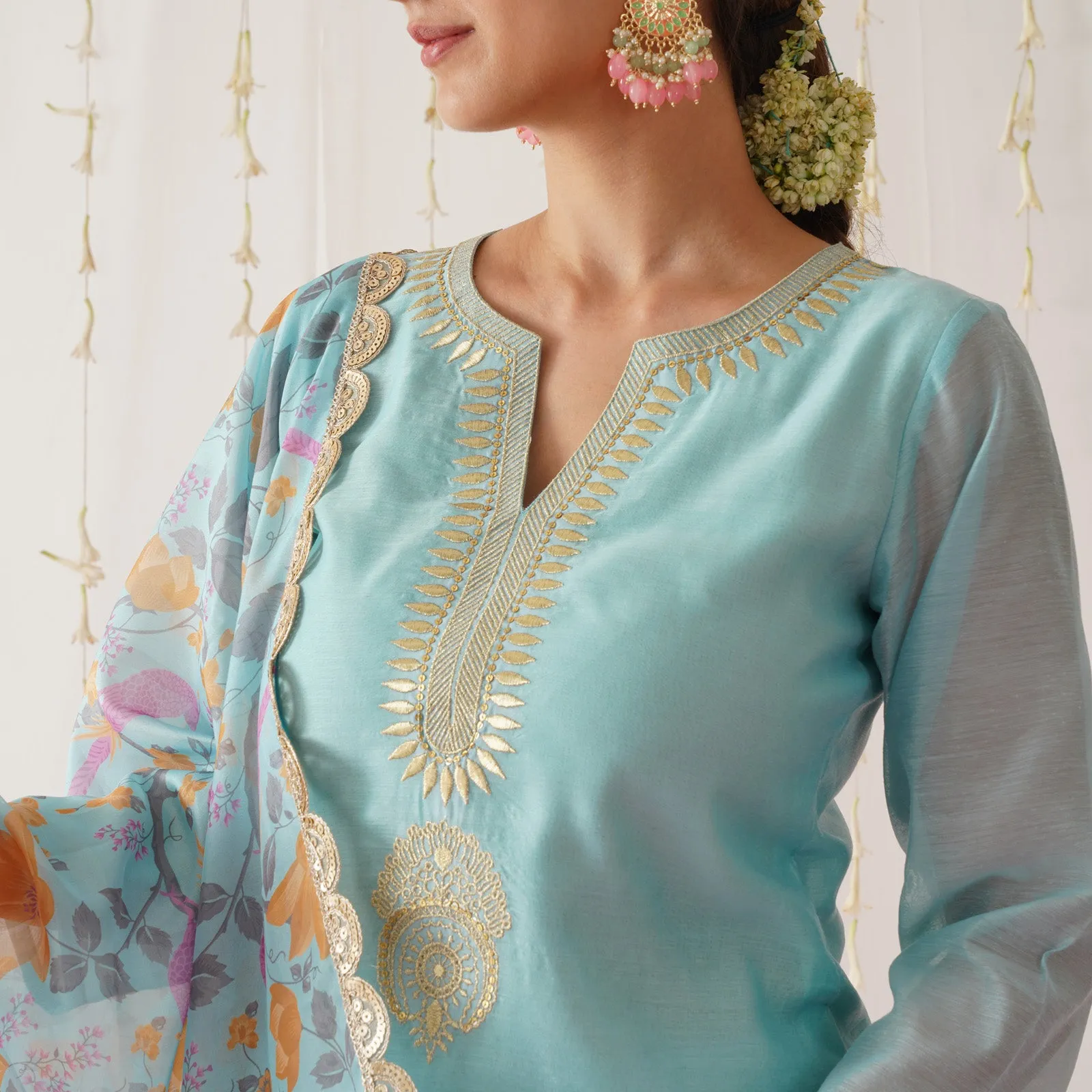 Light Blue Embroidered Chanderi Kurta Set with Dupatta