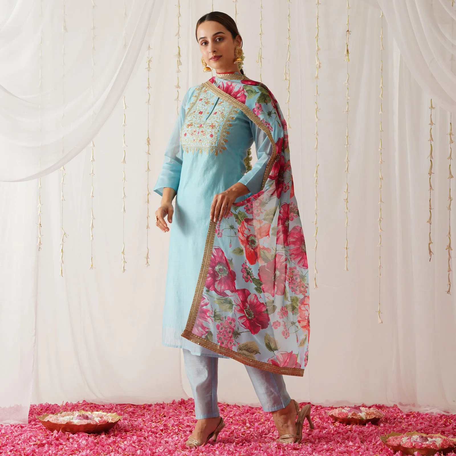 Light Blue Embroidered Chanderi Kurta Set