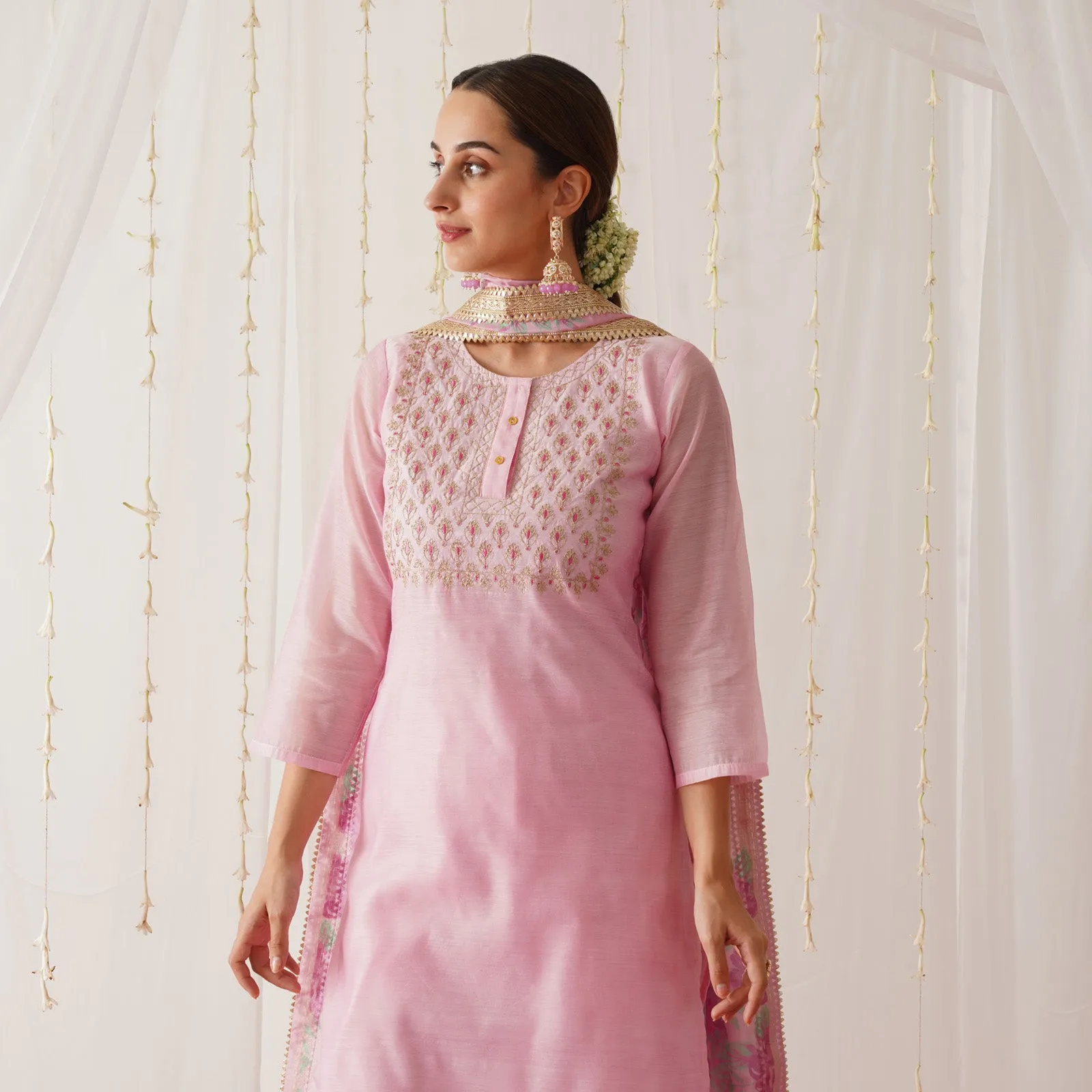 Light Pink Embroidered Chanderi Kurta Pant Dupatta Set with Gota Details