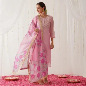 Light Pink Embroidered Chanderi Kurta Pant Dupatta Set with Gota Details