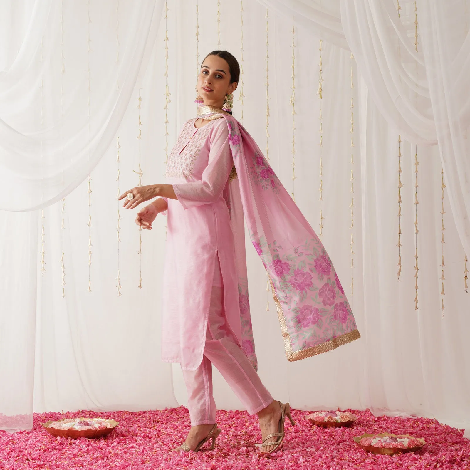 Light Pink Embroidered Chanderi Kurta Pant Dupatta Set with Gota Details