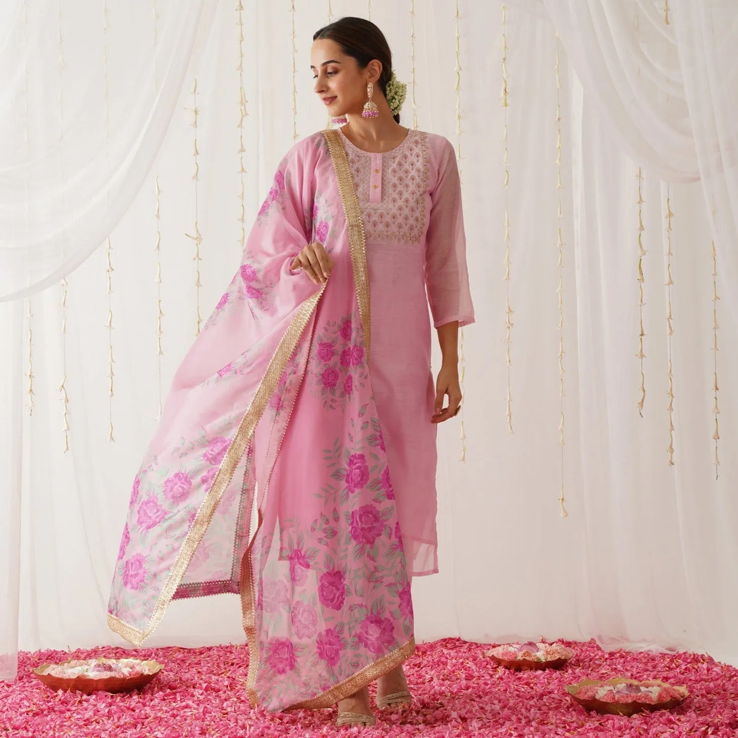 Light Pink Embroidered Chanderi Kurta Pant Dupatta Set with Gota Details