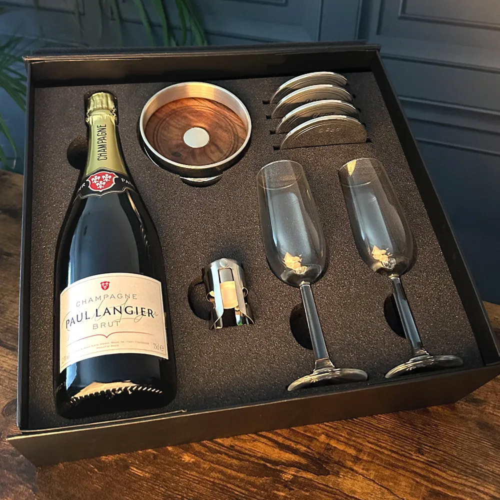 Luxury Champagne Gift Set Includes Bottle, 2 Champagne Flutes, Pewter Champagne Sealer, Pewter Bottle Coaster & 4 Pewter Coasters