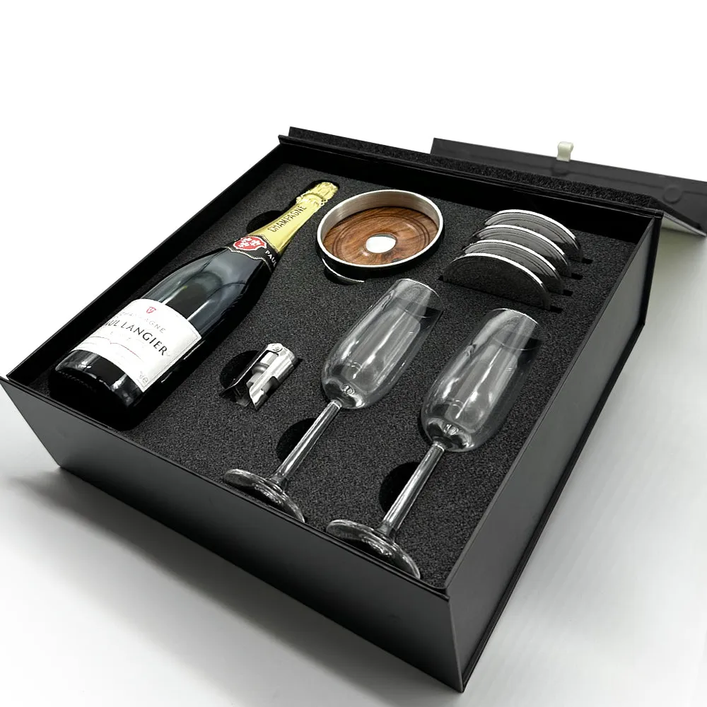 Luxury Champagne Gift Set Includes Bottle, 2 Champagne Flutes, Pewter Champagne Sealer, Pewter Bottle Coaster & 4 Pewter Coasters