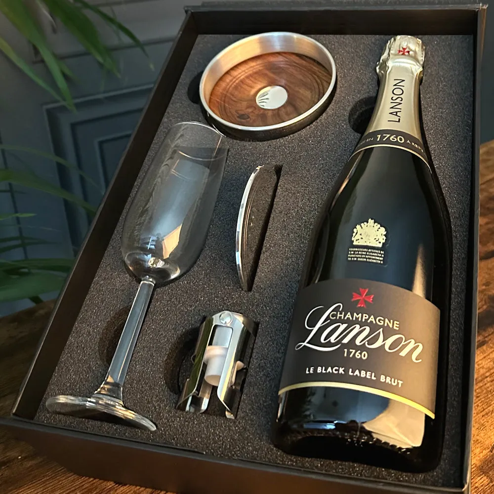 Luxury Champagne Gift Set Includes Bottle, Champagne Flute, Pewter Bottle Coaster, Pewter Champagne Sealer & Pewter Coaster