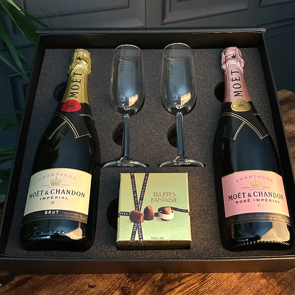 Luxury Champagne Gift Set Includes Moet Brut & Rose, 2 Champagne Flutes & Truffles