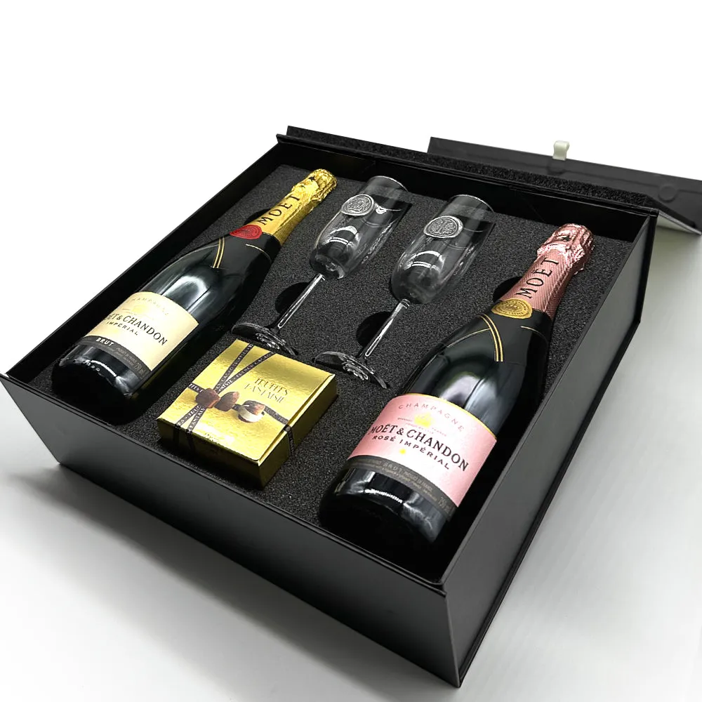 Luxury Champagne Gift Set Includes Moet Brut & Rose, 2 Personalised Champagne Flutes & Truffles