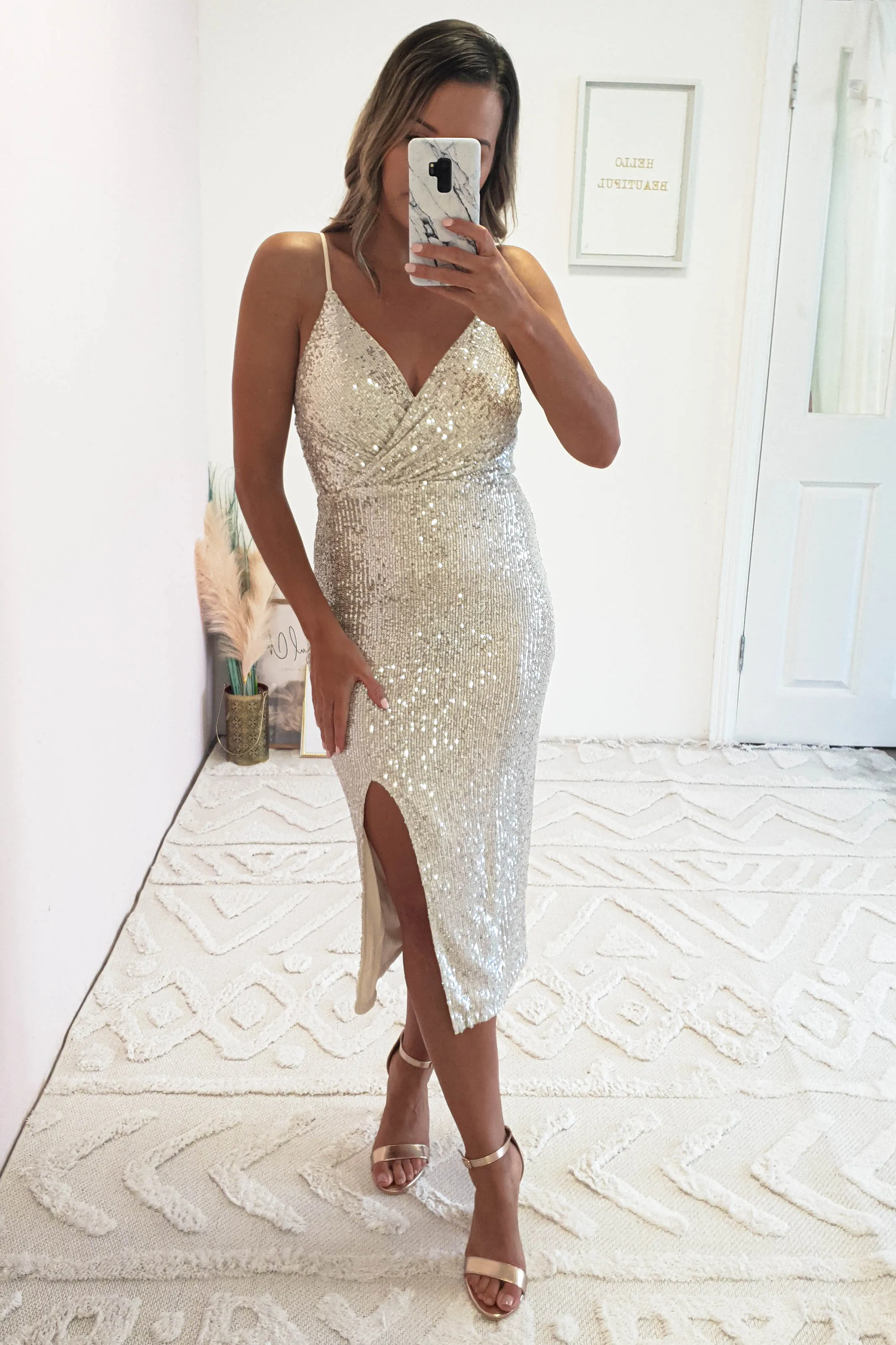 Malaya Sequin Midi Dress | Silver/Champagne