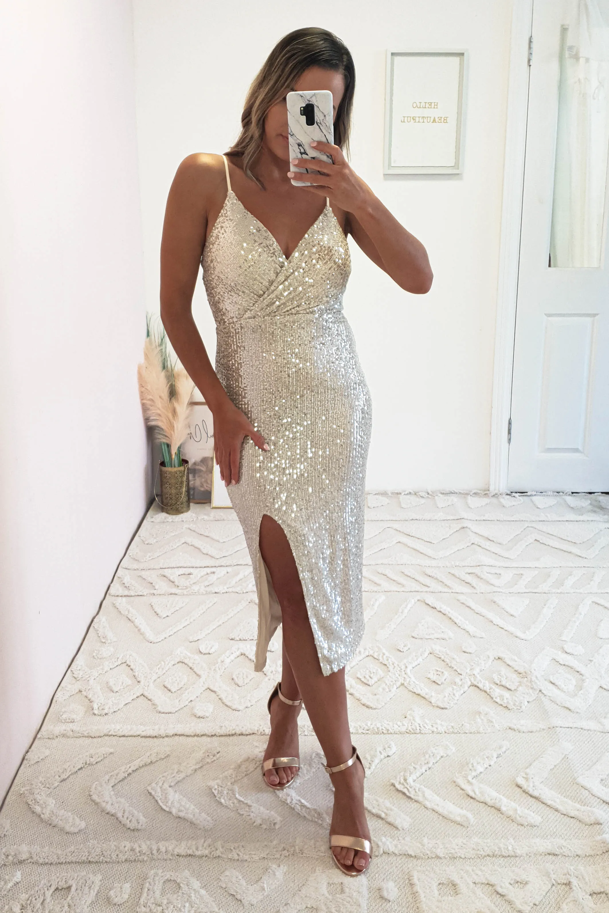 Malaya Sequin Midi Dress | Silver/Champagne