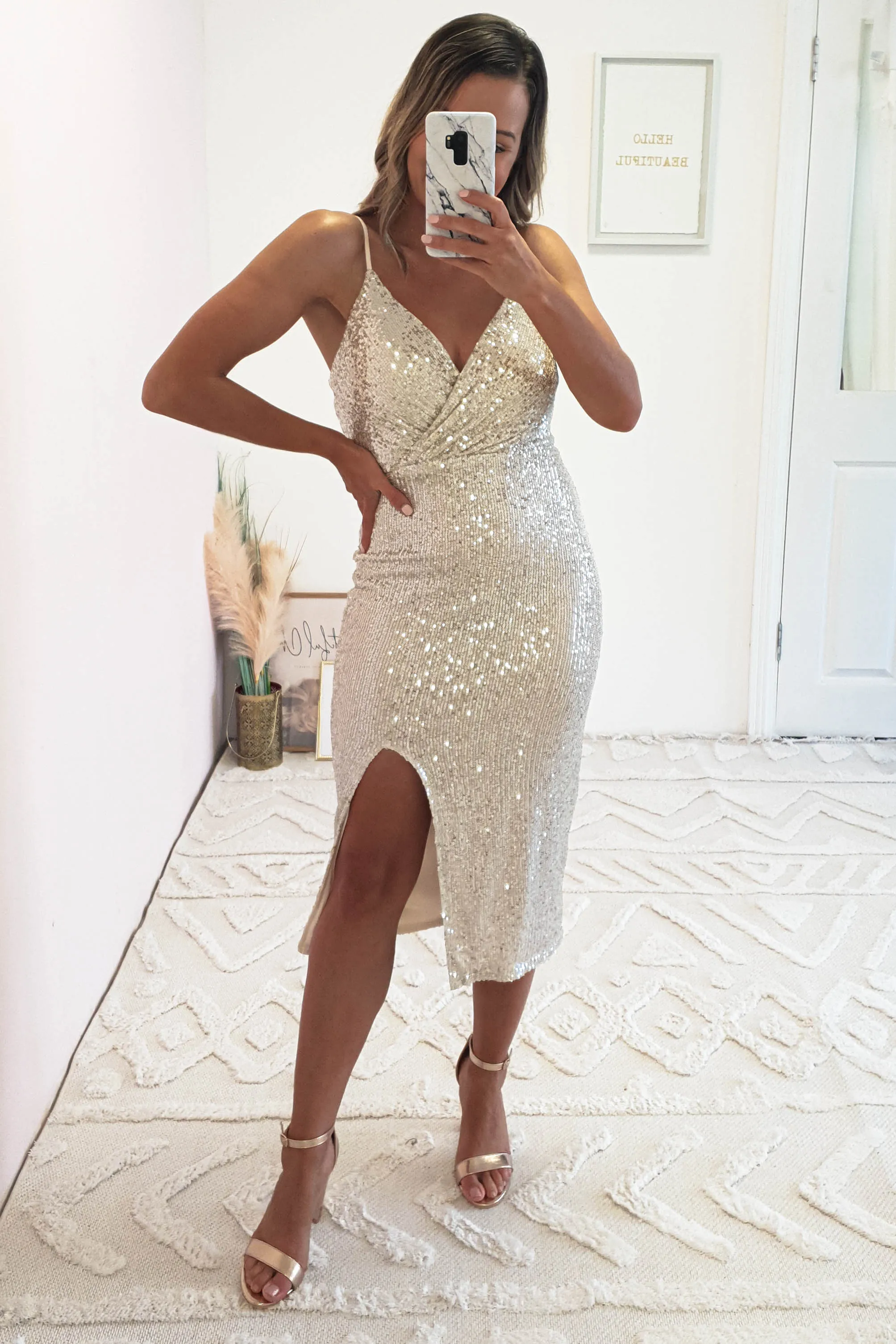 Malaya Sequin Midi Dress | Silver/Champagne