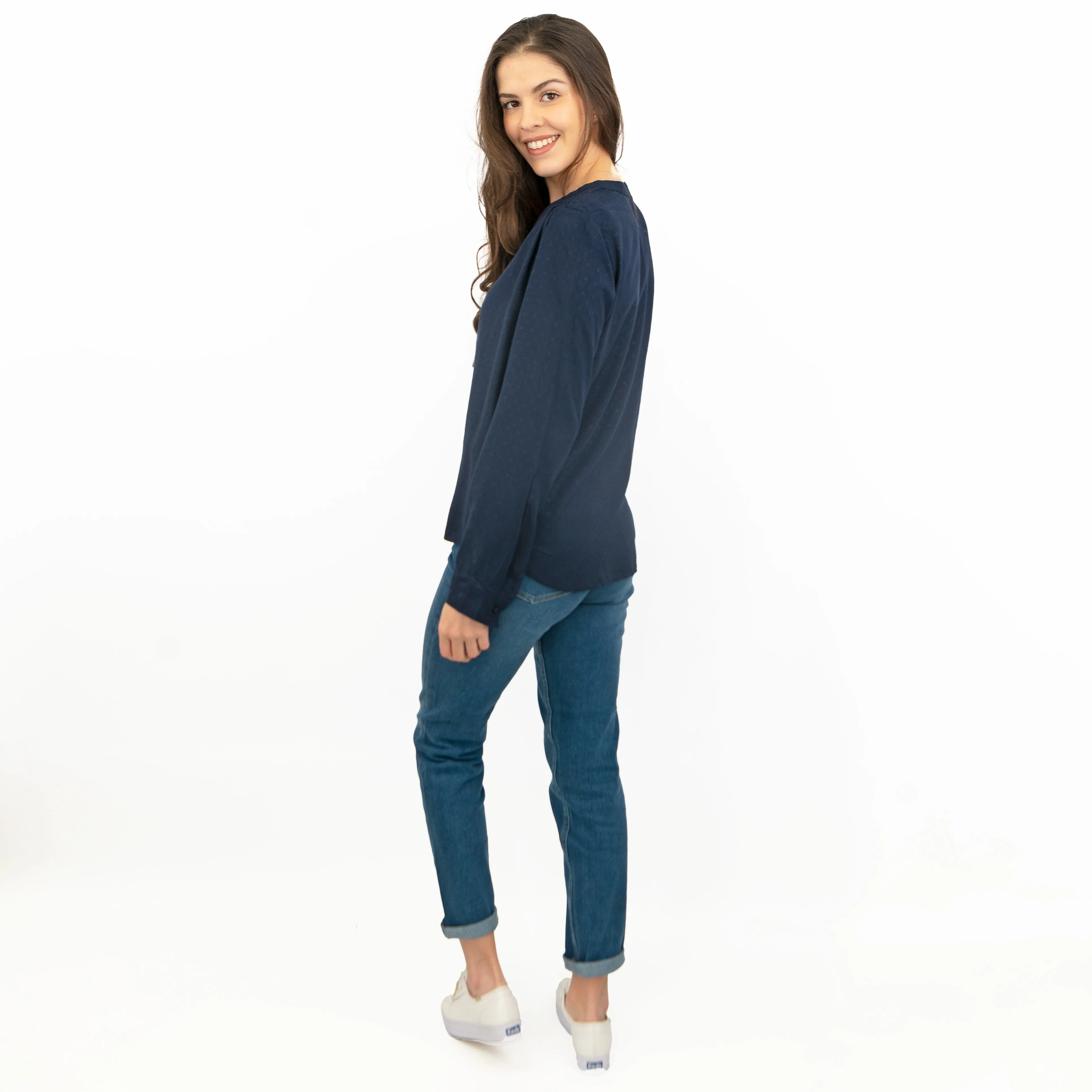 M&S Jacquard Navy Long Sleeve Lightweight Relaxed Fit Tops