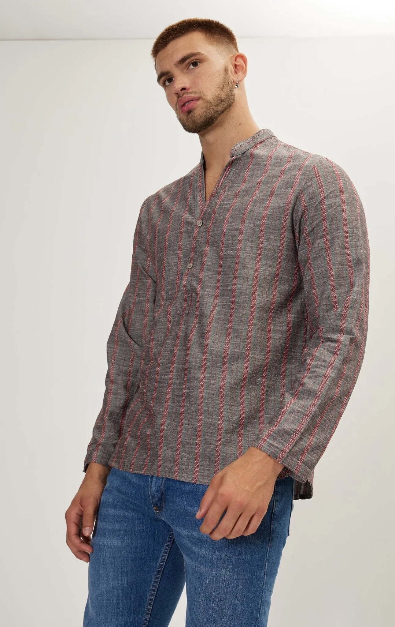 Mandarin Collar Linen Shirt - Anthracite