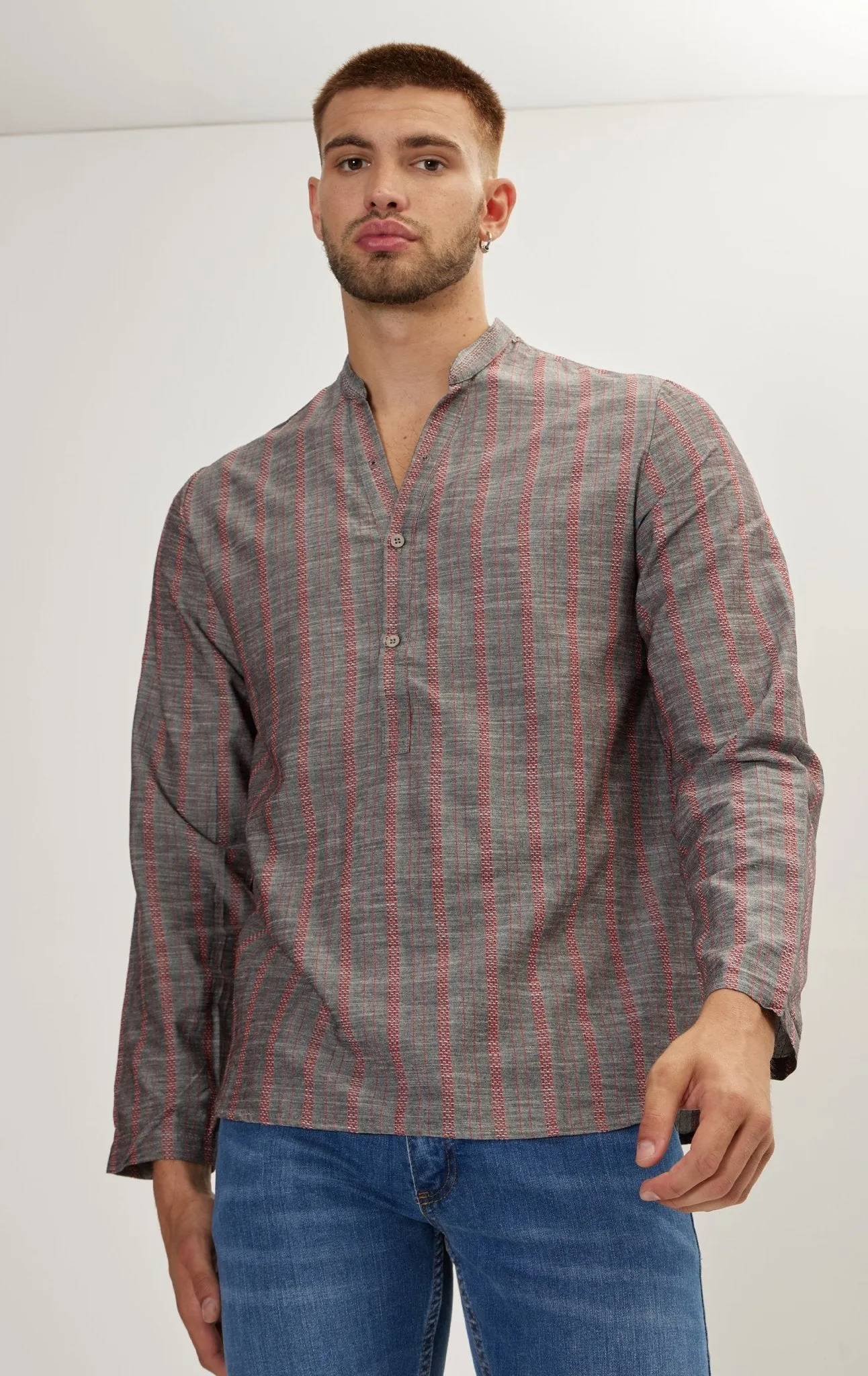 Mandarin Collar Linen Shirt - Anthracite