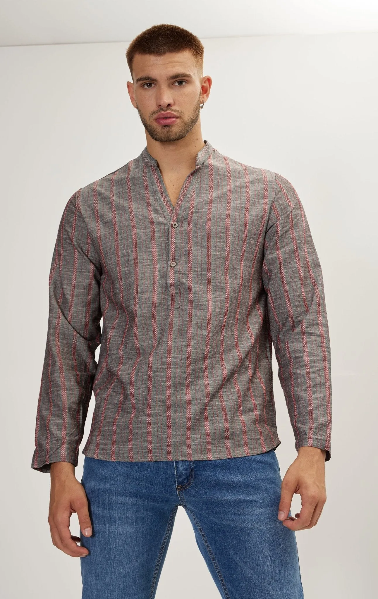 Mandarin Collar Linen Shirt - Anthracite